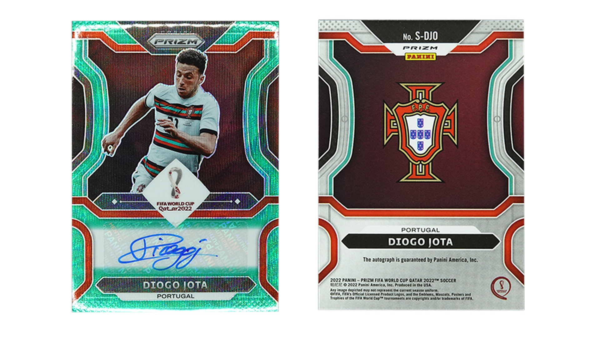 2022 Panini Prizm World Cup D Jota Green Pulsar Auto การ์ดฟุตบอล 2022 Panini Prizm FIFA World Cup Diogo Jota Green Pulsar Autograph